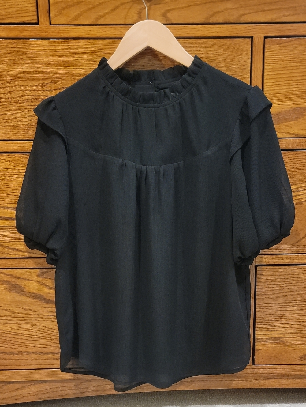 LOFT Black Ruffle-Neck Puff Sleeve Blouse (Lined)
